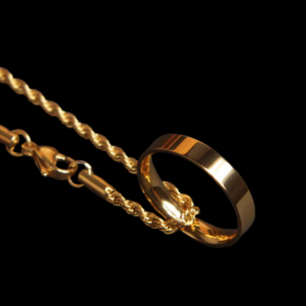 18K Gold Ring Pendant Rope Chain – Stainless Steel Unisex Necklace